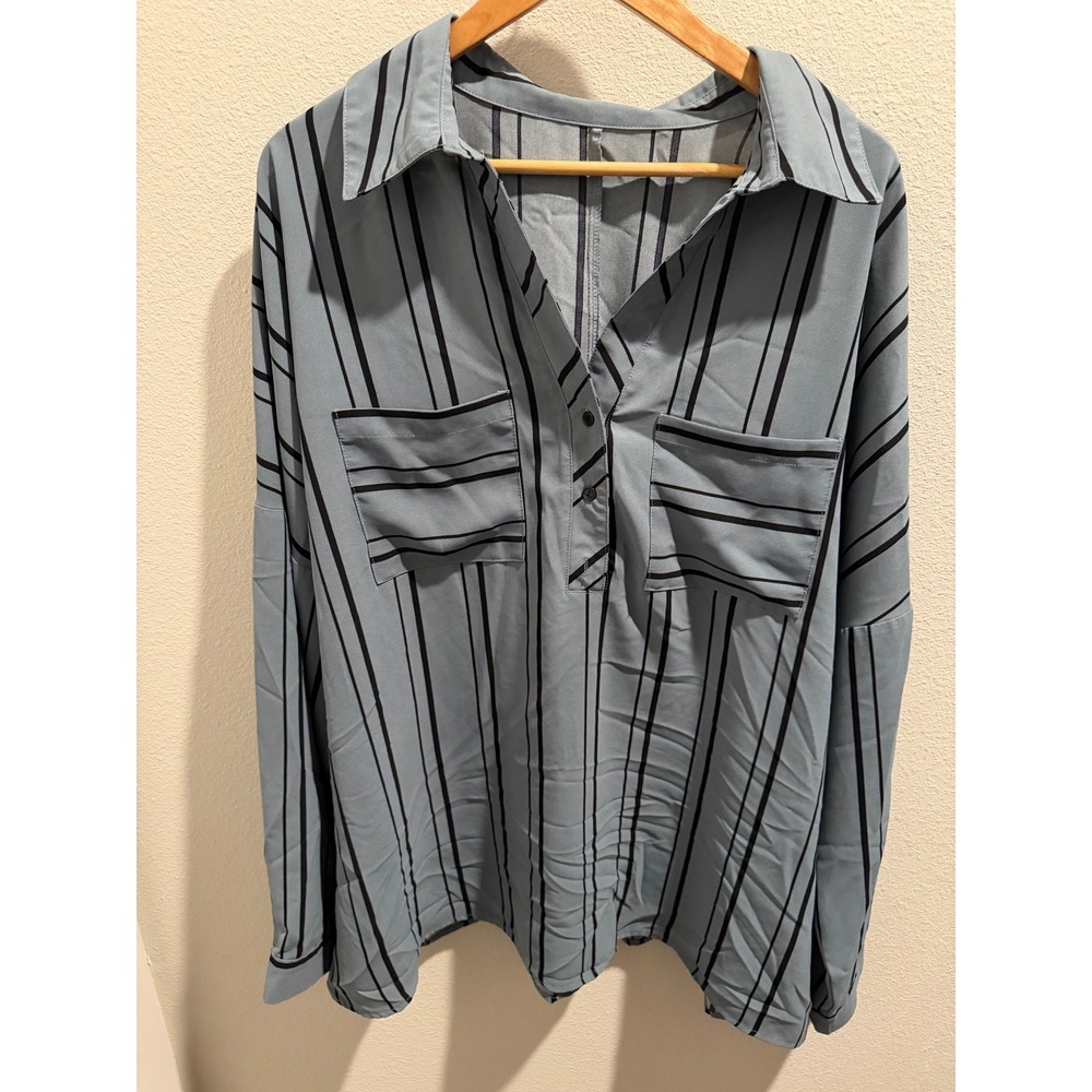 Unbranded Dusty Blue Vertical Stripe Long Sleeve Blouse 2XL Oversized Button Top